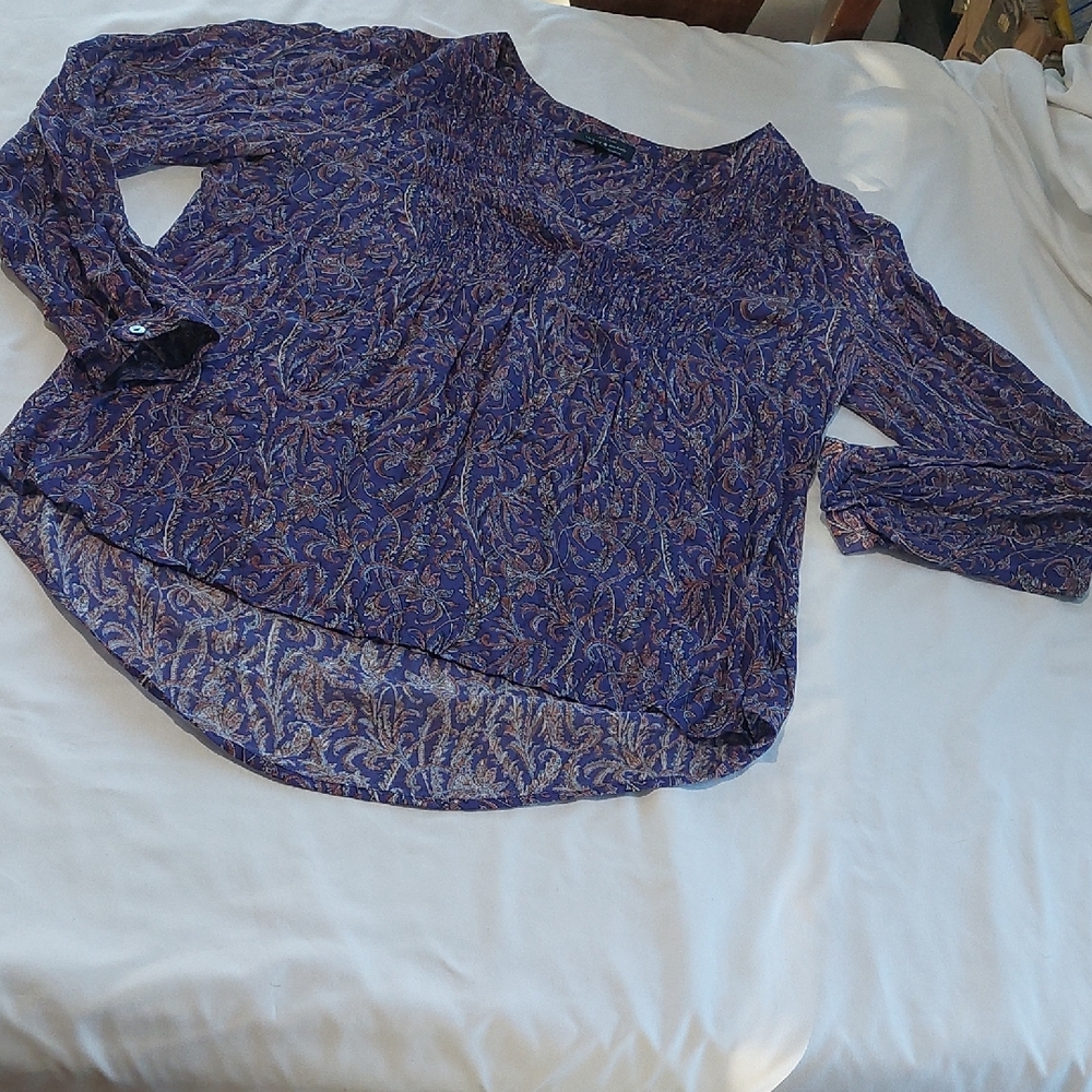 Lucky Brand Blue and Purple Paisley Blouse.Elastic Yoke With Square neck .Size M